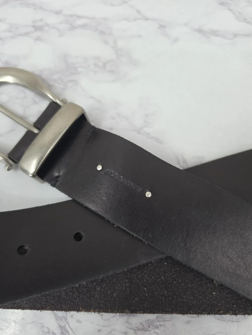 All Saints Black Leather Belt with Silver Tone Buckle and Studs